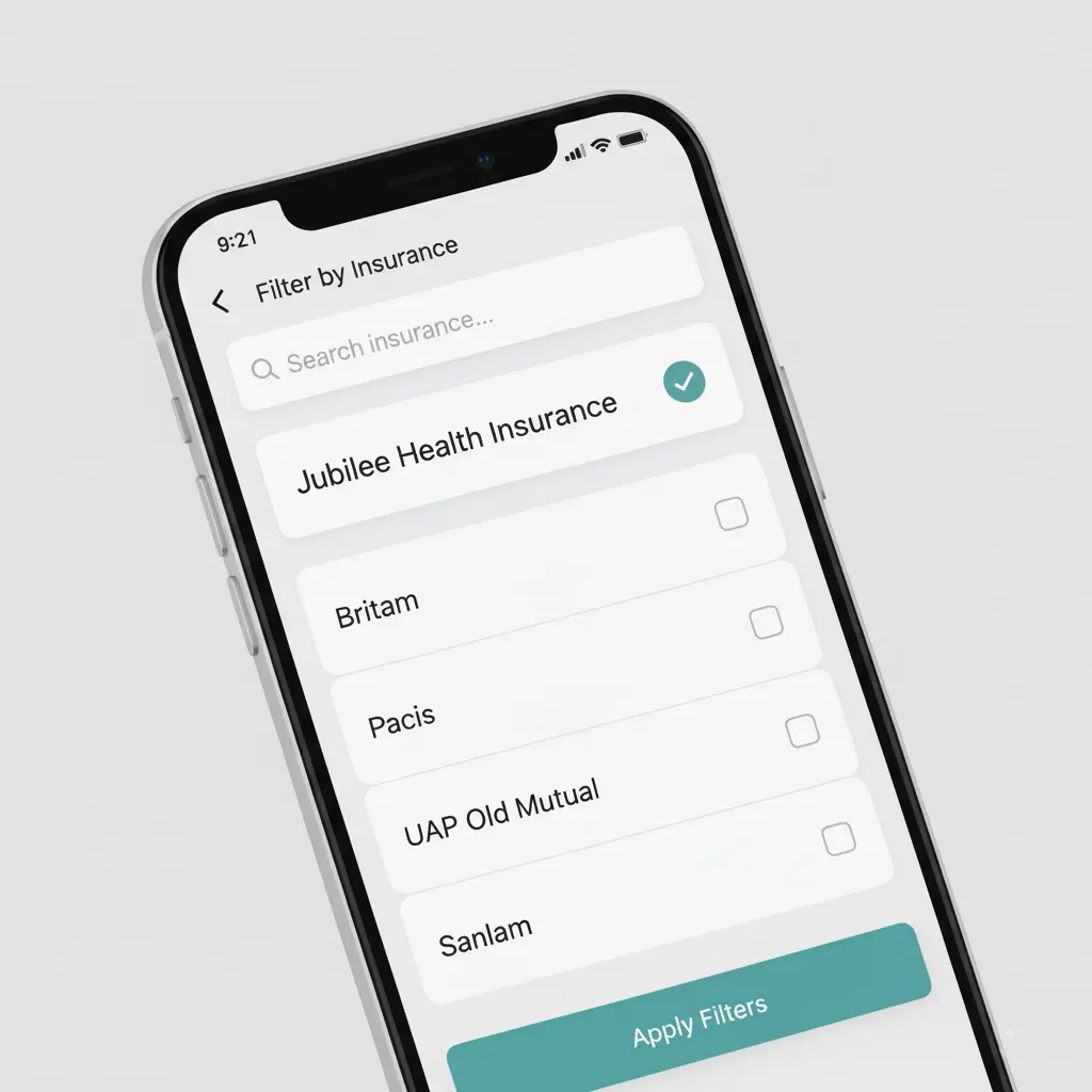 Screenshot of PataDoc mobile app displaying the insurance filtering feature. The interface shows a dropdown menu with various Kenyan insurance providers including NHIF, AAR, Jubilee, and CIC, allowing users to filter doctors by their accepted insurance plans.