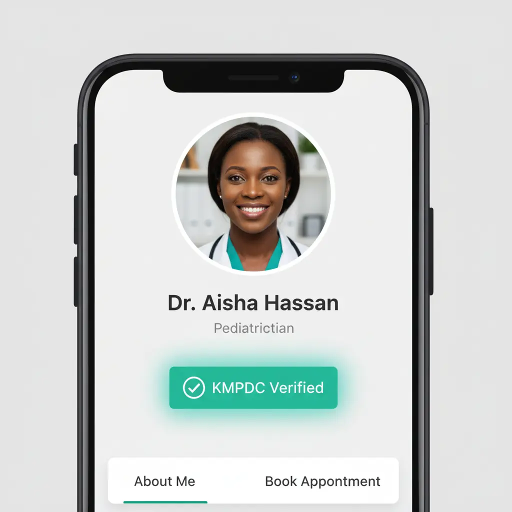 Doctor profile page showing the official KMPDC (Kenya Medical Practitioners and Dentists Council) verification badge prominently displayed next to the doctor's credentials, including their license number, specialization, and years of practice.